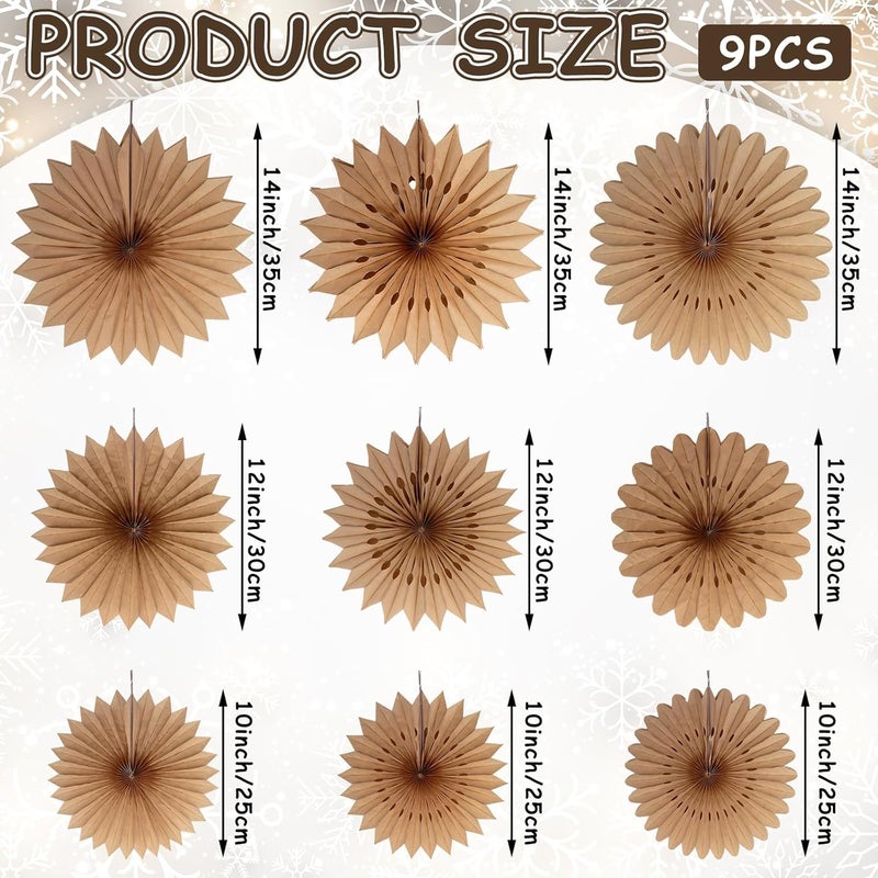 Resholder 9 Pcs Hanging Decorations Large Paper Fans Neutral Paper Fans Hanging Lamp Ornament Kit for Christmas Holiday Party Supplies Home Decorations 10/12/14 Inch(Brown) - Image 3